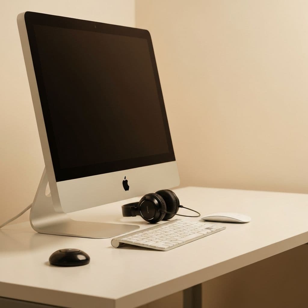 A single Honest workstation showing Apple M1 with 24-inch display, keyboard, mouse, and headphones